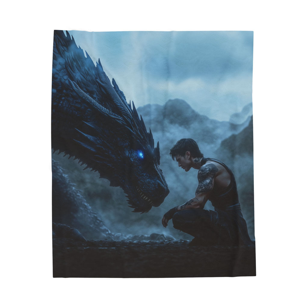 Fleece blanket with a dragon and person design on a mountainous background
